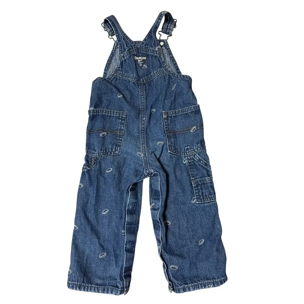 OshKosh B'gosh Football Embroidered Denim Overalls Vestbak Toddler Boys 24M Blue
